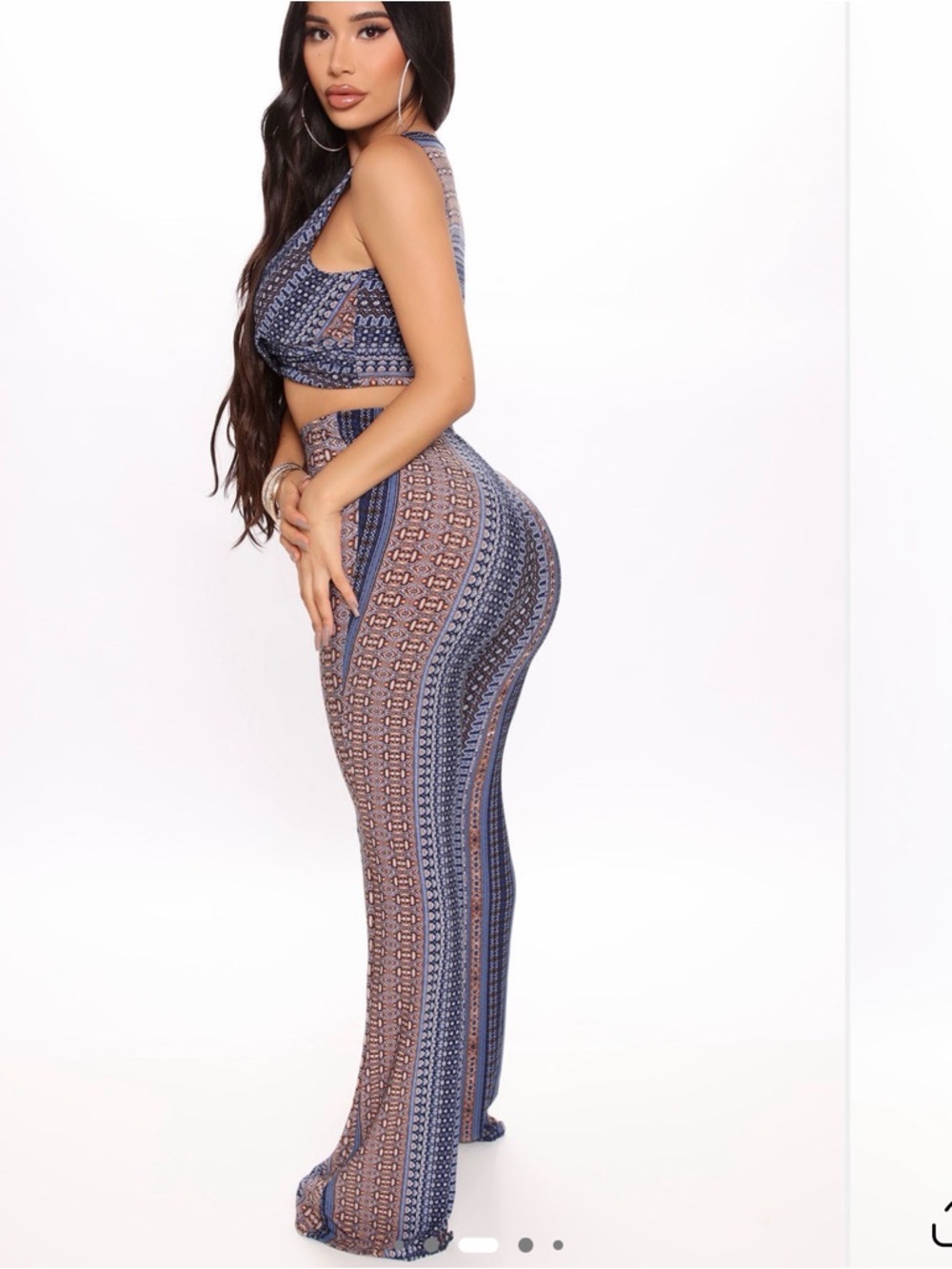 Fashion Nova Blue and Tan Patterned Two-Piece Set